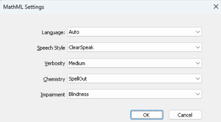 MathML Settings pop up box - showing options to select language, speech style, verbosity, chemistry, impairment.